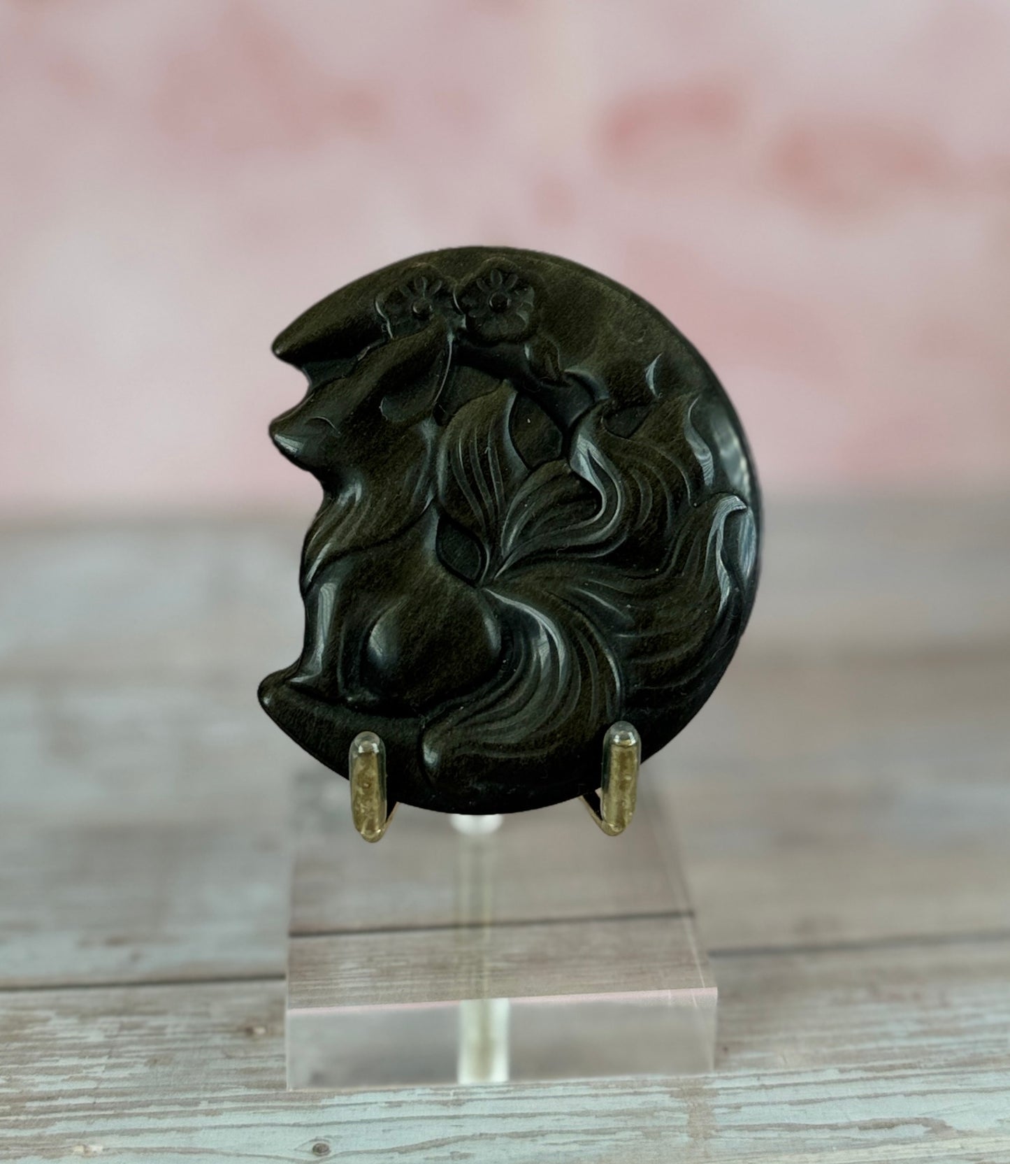 Gold Sheen Obsidian Fox & Moon Carving