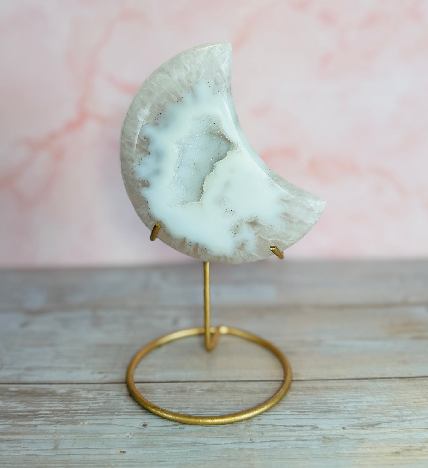 CARVED AGATE MOON WITH DRUZY POCKET ON CUSTOM STAND – 298g