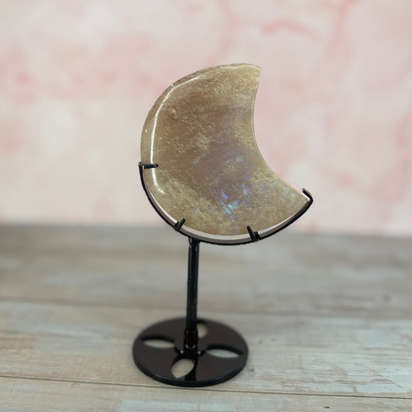 Blue Flash Moonstone Moon on Custom Stand