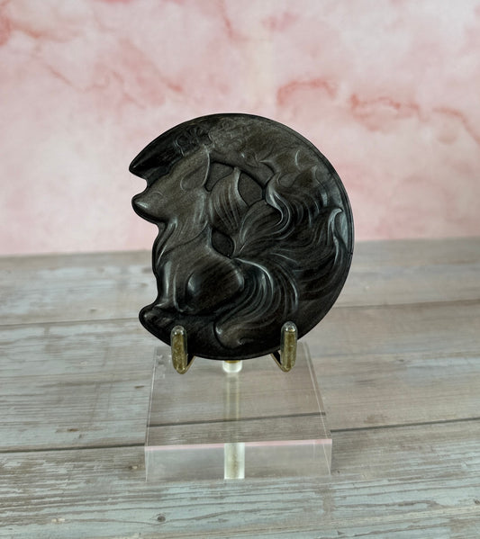 Silver Sheen Obsidian Fox & Moon Carving
