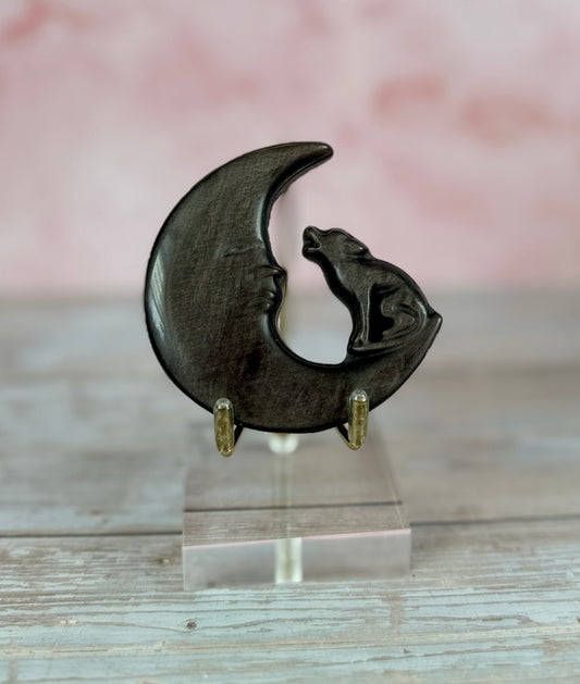 Silver Sheen Obsidian Wolf &amp; Moon Carving