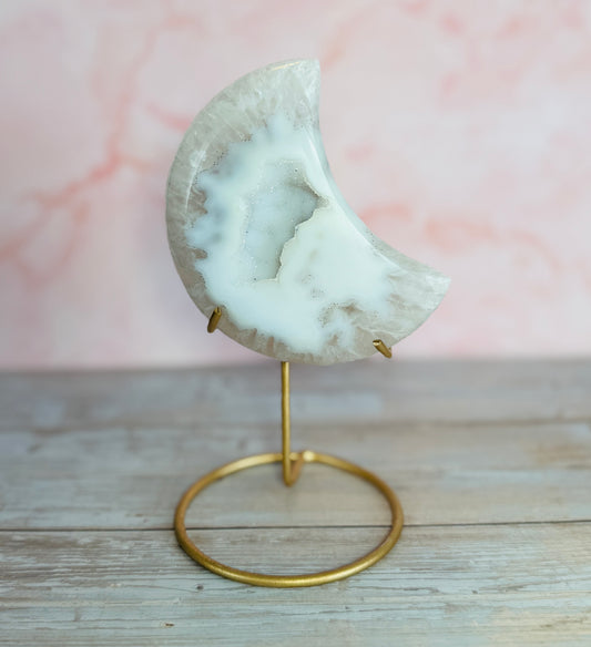 CARVED AGATE MOON WITH DRUZY POCKET ON CUSTOM STAND – 298g