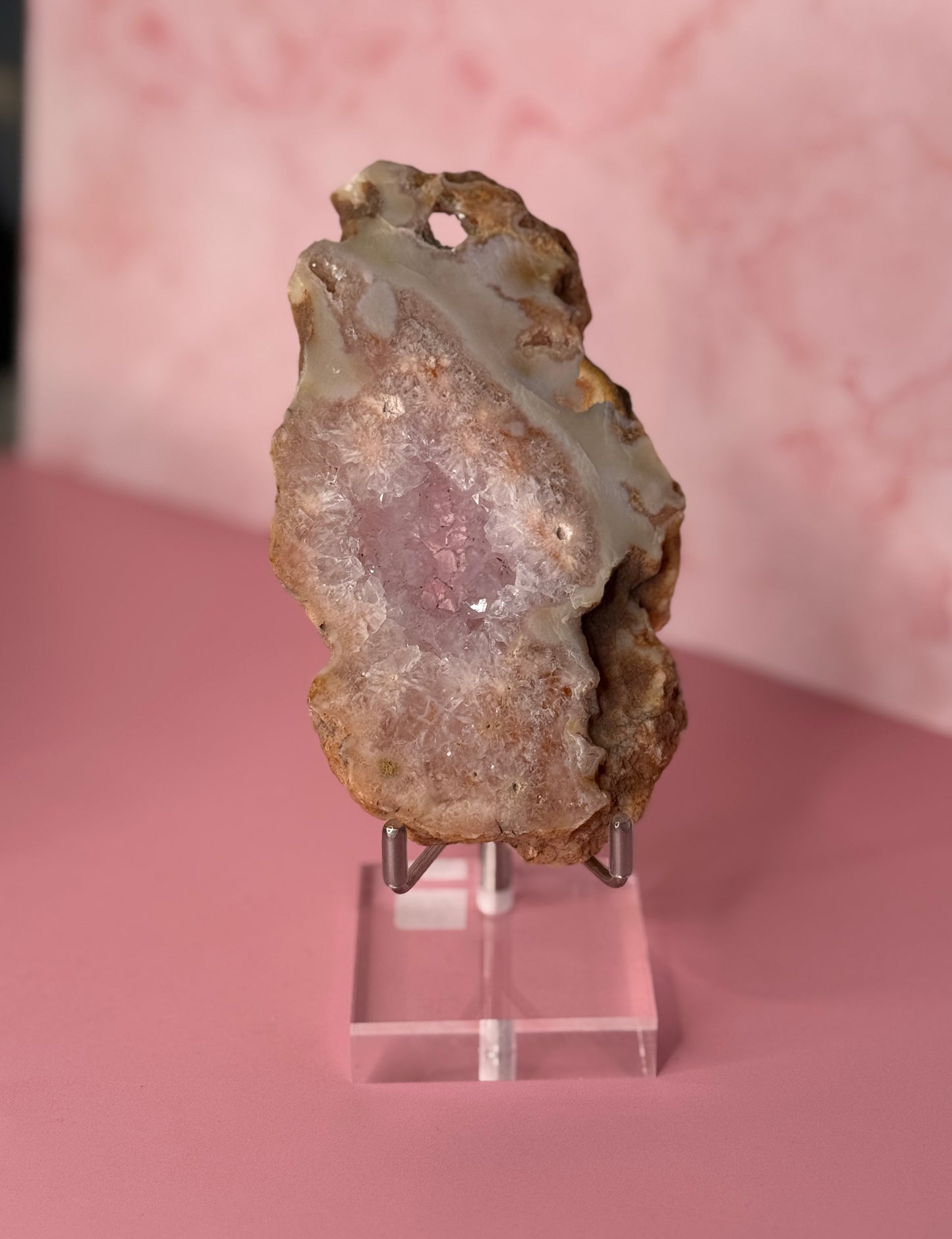 Natural Pink Amethyst Slab with Druzy Crystals